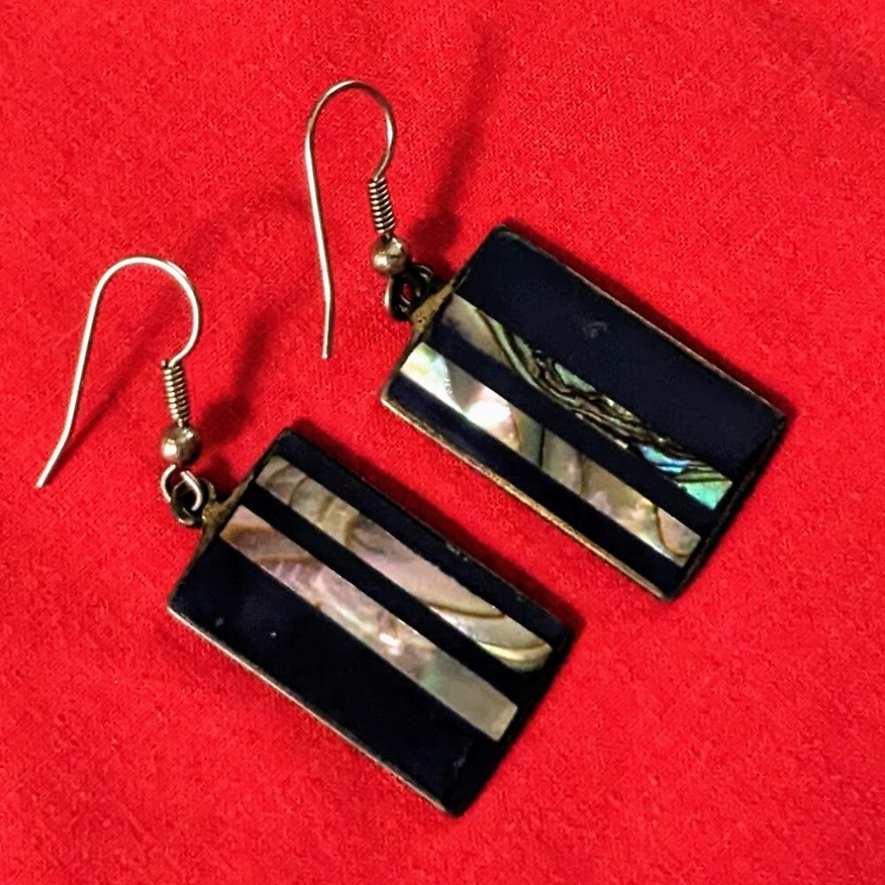 Vintage Alpaca Mexico Abalone Inlay Black Onyx Rectangular Dangle Earrings